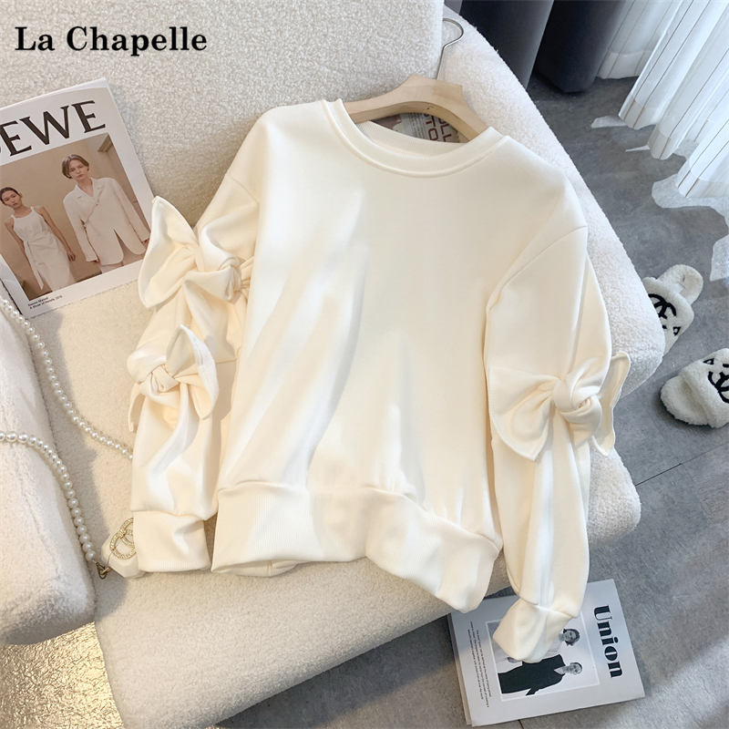 拉夏贝尔/La Chapelle春季新款甜美蝴蝶扭结袖宽松圆领卫衣上衣女