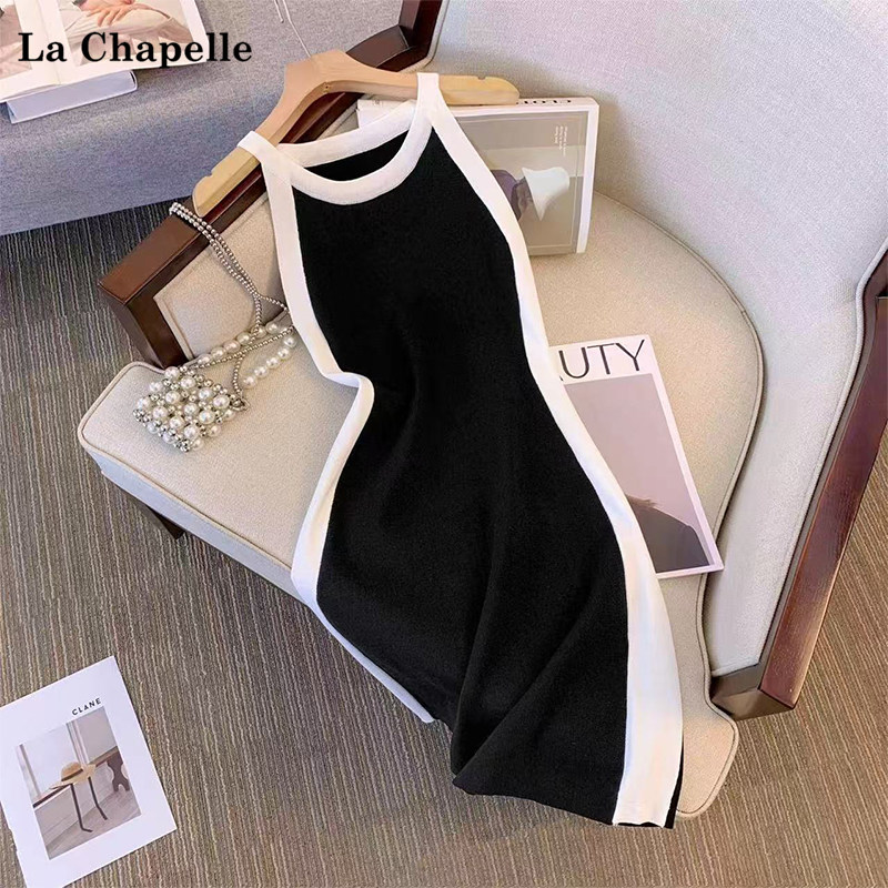拉夏贝尔/La Chapelle2025年夏季性感撞色无袖修身收腰背心连衣裙