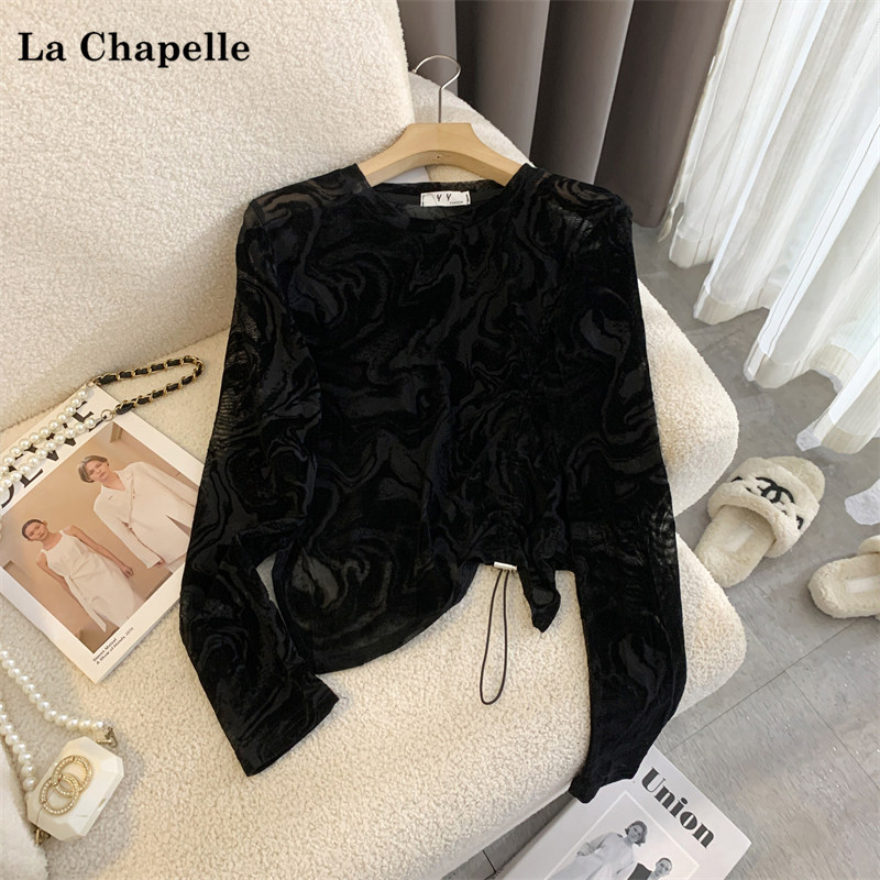 拉夏贝尔/La Chapelle春季新款优雅内搭打底衫扎染提花长袖短上衣