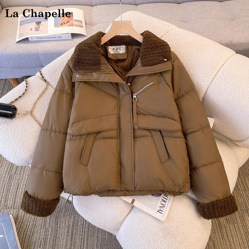 拉夏贝尔/La Chapelle2024年冬季设计感翻领加厚棉服时尚短款外套,女装/女士精品,大码棉服,淘宝优惠券,粉丝福利购,淘宝优惠卷