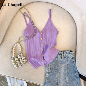 拉夏贝尔/La Chapelle2025夏季背心吊带V领单排扣外穿针织上衣女