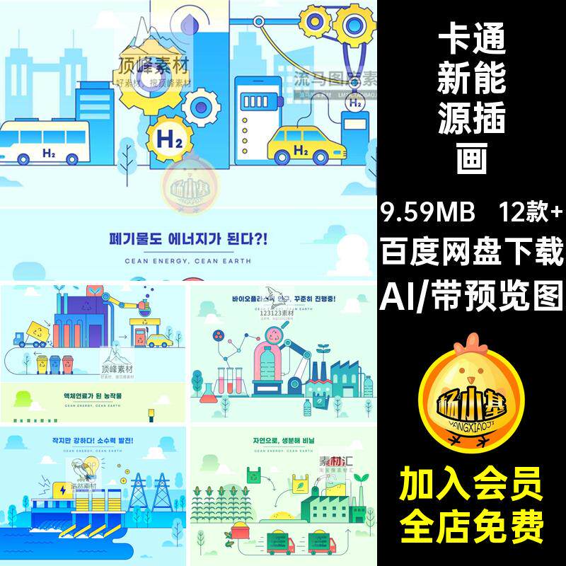 电力新能源插画扁平汽车12款 卡通简约绿色环保发电AI矢量新能源
