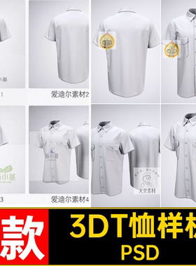 服装T恤样机工装素材效果图贴图智能衬衫印花4款VI短袖3DPSD模板