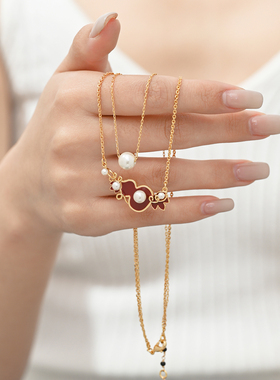 国风珐琅红葫芦珍珠项链新年饰品