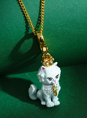 珐琅立体镶钻皇冠小猫咪吊坠项链