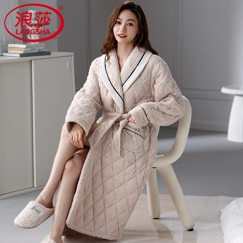 浪莎珊瑚绒夹棉睡袍女保暖睡衣