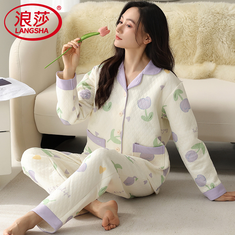 浪莎女空气棉纯棉睡衣保暖