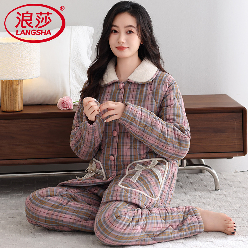 浪莎纯棉夹棉睡衣女保暖冬套装