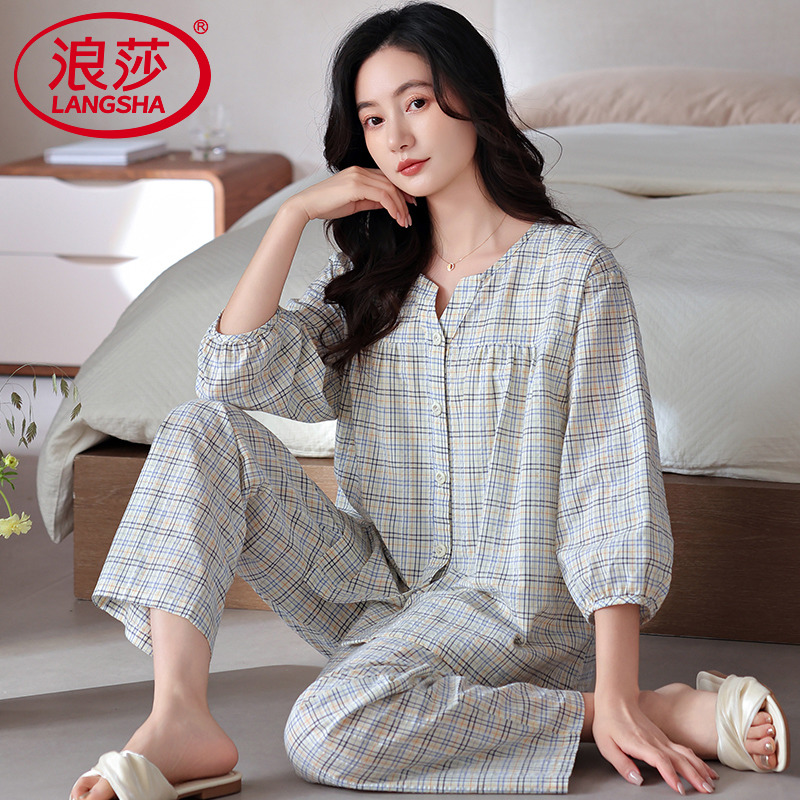 浪莎睡衣女款春秋梭织纯棉七分袖2025新款夏季纱布全棉长袖家居服