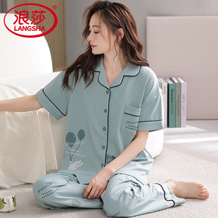 长裤 纯棉短袖 开衫 休闲加大码 浪莎睡衣女款 宽松全棉家居服套装 夏季