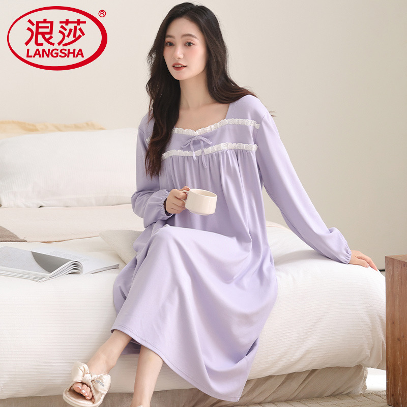 【浪莎】官方正品纯棉长袖睡裙女