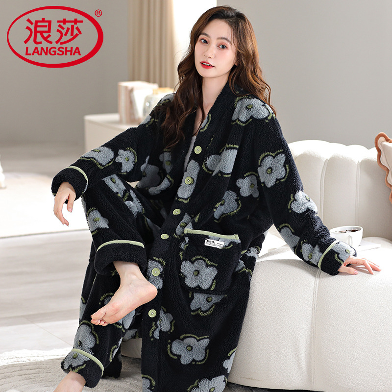 浪莎新款睡袍女士冬季秋冬款珊瑚绒加厚加绒浴袍长款睡衣大码晨袍