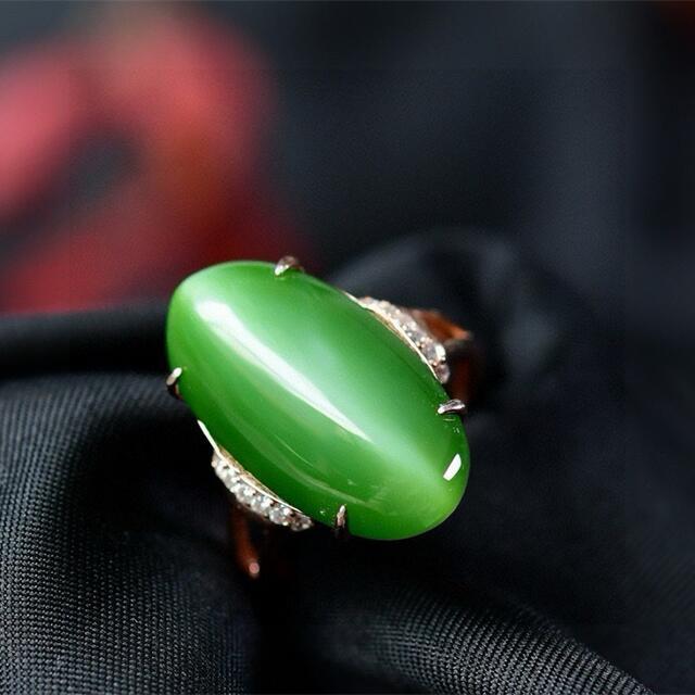 天然新疆和田玉碧玉猫眼戒指玉质细腻油润油性好银镶嵌4.1克犹