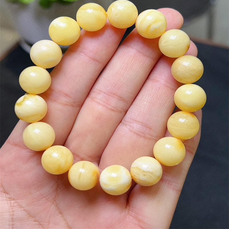 天然俄料原矿蜜蜡白花蜜圆珠单圈手链手串12mm带原石红皮无烤色