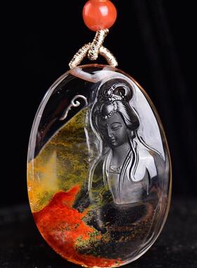 天然水晶巴西红胶花观音菩萨女款项链吊坠24.36克鸩羽红胶焦花秀