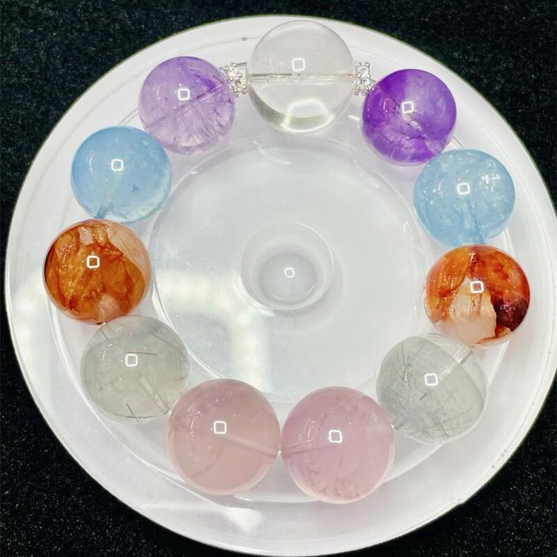 天然多宝手链手串红胶花海蓝宝马粉蓝兔毛紫水晶白兔毛18mm净体夸图片