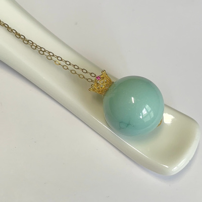 天然湖北高瓷原矿绿松石单珠项链圆珠吊坠18k金果冻料无油无水