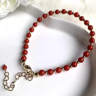 天然原色阿卡红珊瑚圆珠深海红手串手链14k包金隔珠和扣4.8mm颂
