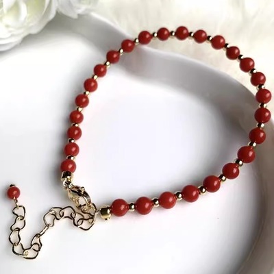 天然原色阿卡红珊瑚圆珠深海红手串手链14k包金隔珠和扣4.8mm颂