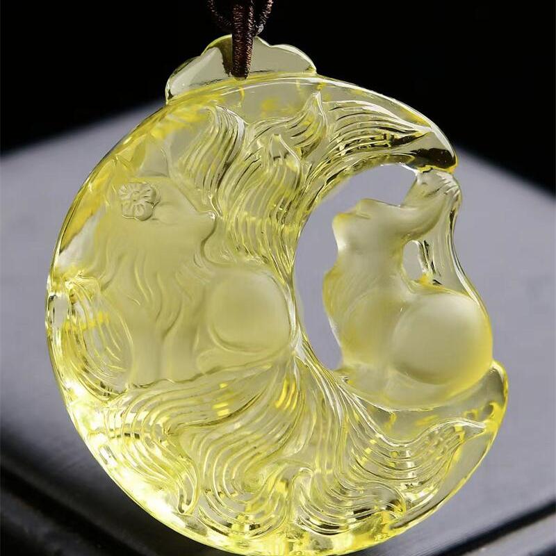 大号天然黄水晶双九尾狐狸吊坠项链毛衣链两用款手工雕工47.3g即