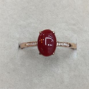 天然阿卡珊瑚蛋面戒指8.2x5.8MM原色沙丁牛血红深海红科西嘉颂