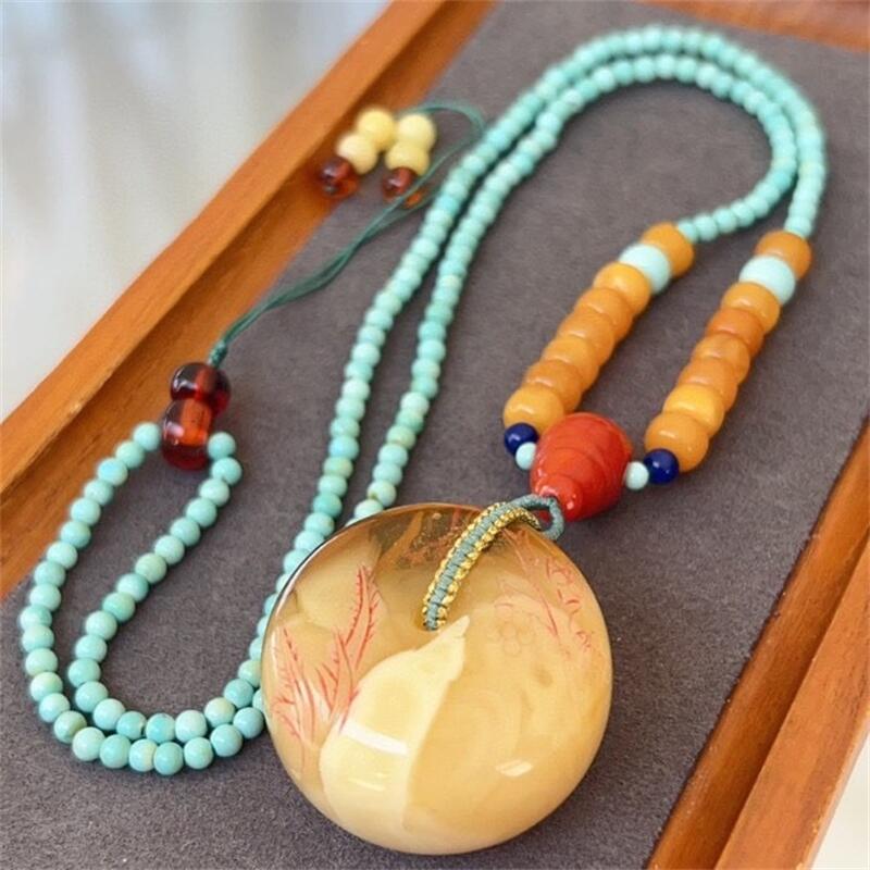 天然俄料原矿鸡油黄绞白花蜜蜡平安扣吊坠女款项链14.5克无烤色凯