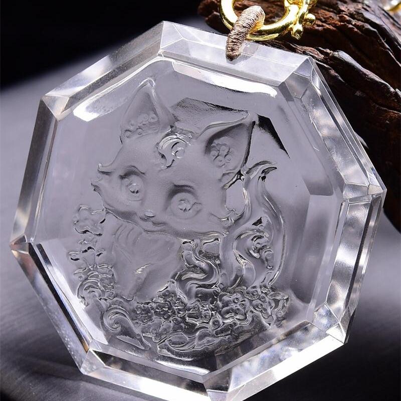 收藏级大号天然巴西透明白水晶刻面狐狸吊坠项链手工刻面65g即