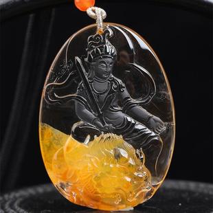 天然水晶黄胶花文殊菩萨本命佛项链吊坠53.7克火彩凤凰焦花秀