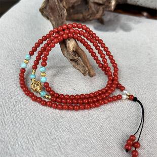 天然珊瑚三圈手链手串3.6mm原色有机宝石阿卡沙丁牛血红科西嘉速