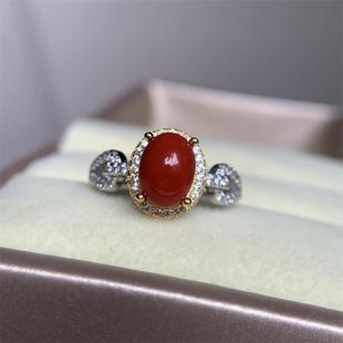 天然阿卡珊瑚银戒指s925银原色阿卡沙丁牛血红深海红科西嘉颂
