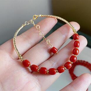 天然有机宝石阿卡深牛血红珊瑚深海红4mm鼓珠14k手链无优化手串颂