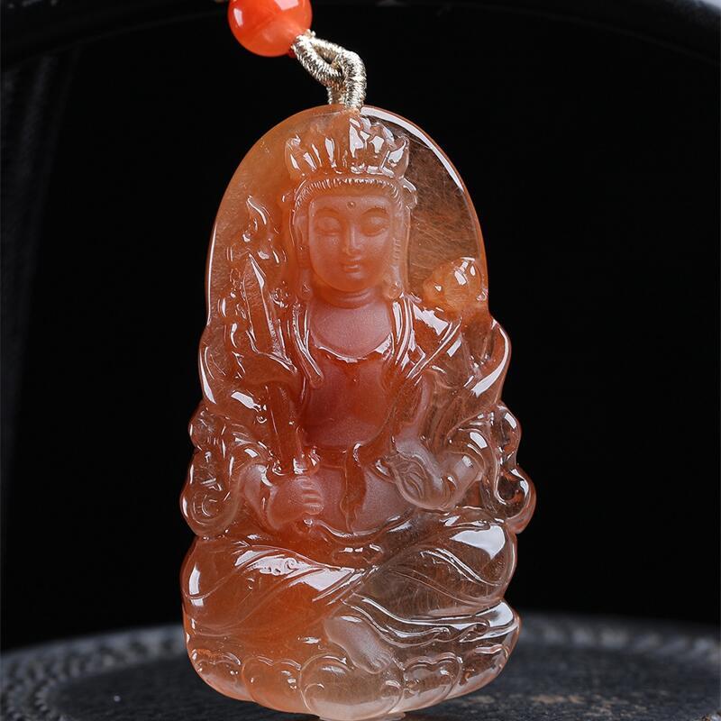 天然水晶红兔毛聚宝盆守护平安牌本命佛项链吊坠43.2克发晶