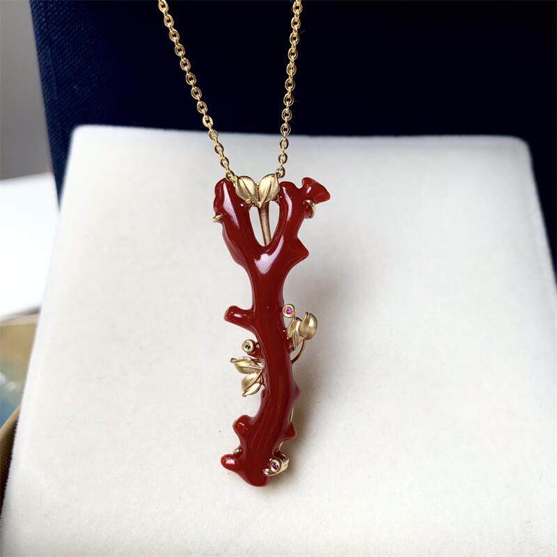 天然阿卡赤血珊瑚枝项链吊坠锁骨链18k金原色宝石牛血红科西嘉凯