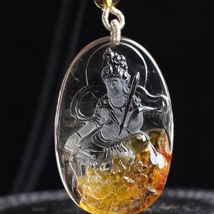 天然水晶黄胶花文殊菩萨本命佛项链吊坠26.9克俏色火彩凤凰焦花秀