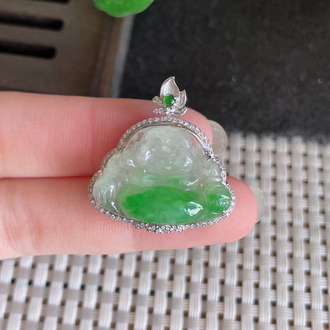 天然缅甸高端翡翠a货18k金冰种飘绿佛公吊坠xcbr