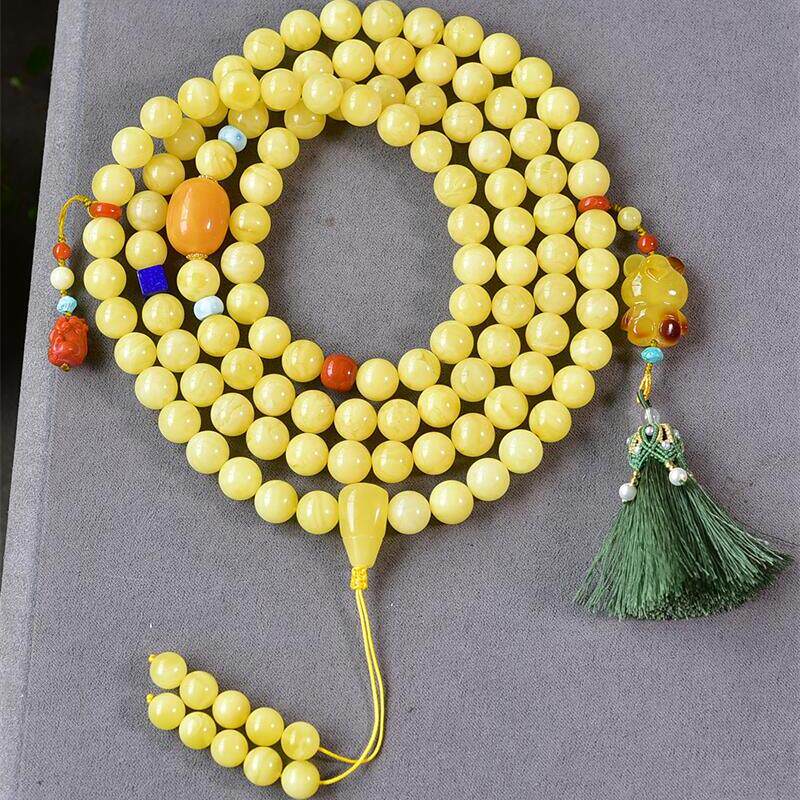 天然俄料原矿白花蜜蜡108佛珠手串手链女项链10mm无优化无烤色