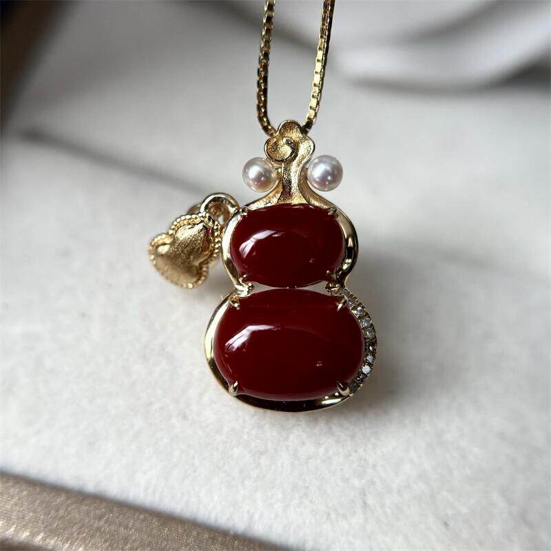 天然阿卡珊瑚18k金葫芦项链吊坠原色有机宝石阿卡沙丁牛血红