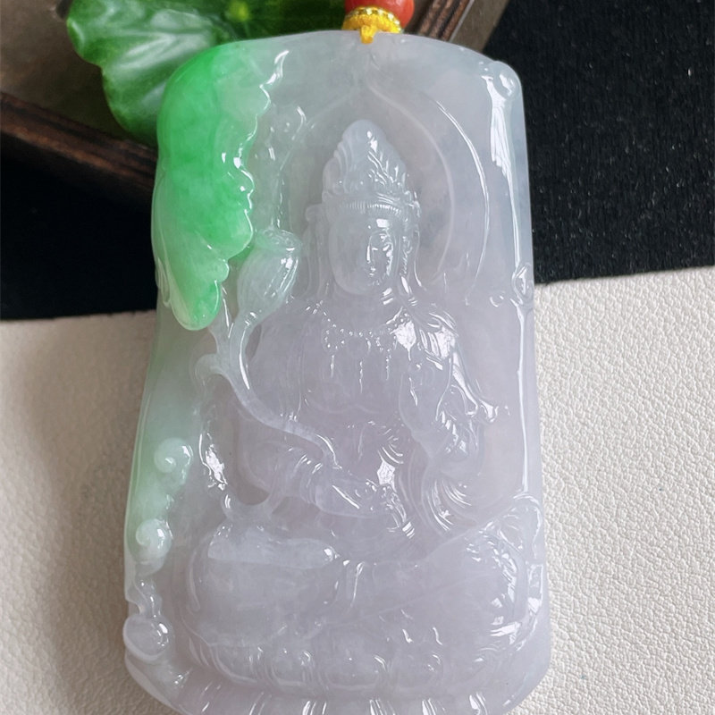 天然缅甸A货翡翠a货冰糯种正品原矿春带彩紫罗兰大势至菩萨吊坠即