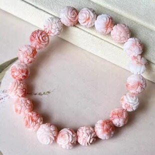 天然台湾原色有机宝石阿卡红珊瑚满雕玫瑰花园手串手串9.5mm颂