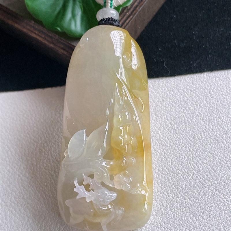 天然缅甸A货翡翠a货原矿正品冰糯种黄翡梅花鹿项链吊坠43.78g即
