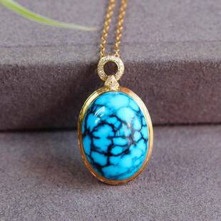 天然湖北原矿绿松石乌兰花蛋面锁骨链吊坠 高瓷高蓝 18k金镶嵌xc0