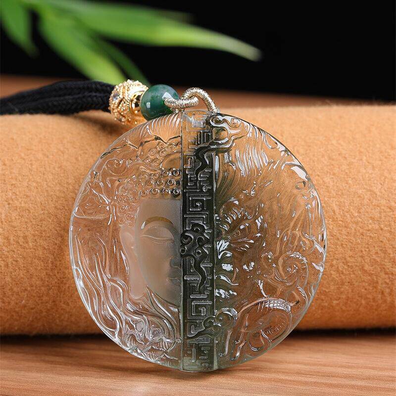 天然水晶巴西老料绿幽灵精雕一念之间项链吊坠64.9克千层帘墨绿