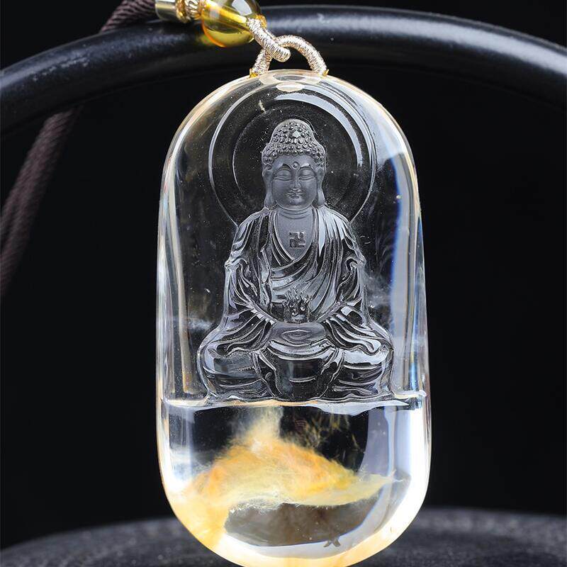 天然水晶巴西黄兔毛大日如来佛祖女款项链吊坠21.3克发晶通透体