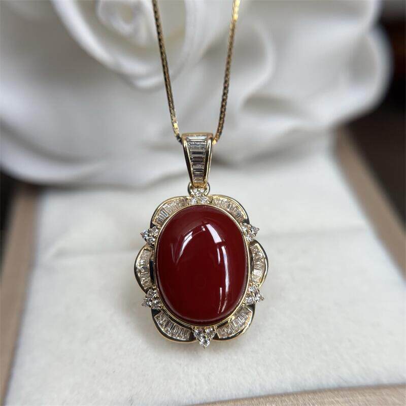 天然阿卡珊瑚18k金厚金项链吊坠原色有机宝石沙丁牛血红科西嘉