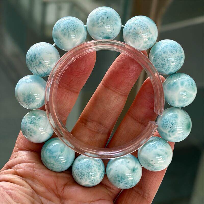 天然水晶海纹石手链手串17.8mm龟纹玉化多米尼拉利玛浅蓝无优化