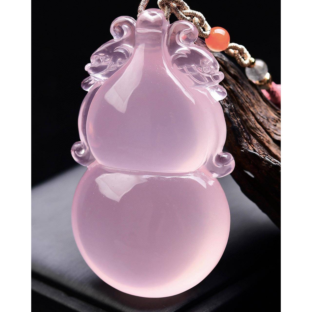 天然粉晶葫芦双貔貅车挂 手把件 包挂双面雕刻 颜色粉嫩重121克ss