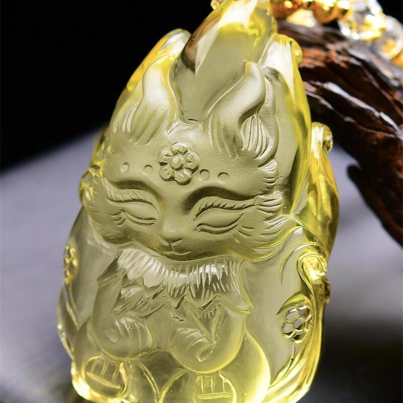 收藏级加大号天然巴西原矿黄水晶九尾狐狸吊坠项链手工99.5g即