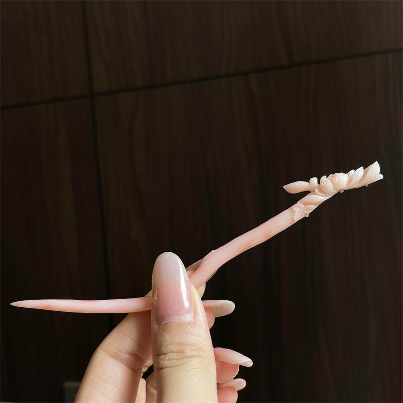 天然台湾莫莫珊瑚莲花发簪花簪原色momo有机宝石阿卡粉色白粉