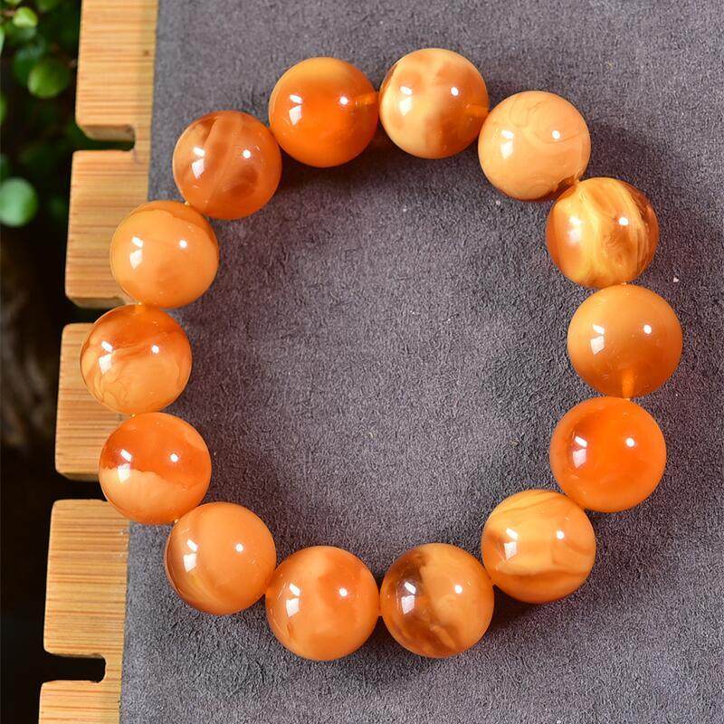 天然欧洲原矿回流老花蜜蜡手链手串16mm妖花纹无优化无烤色琥珀秀
