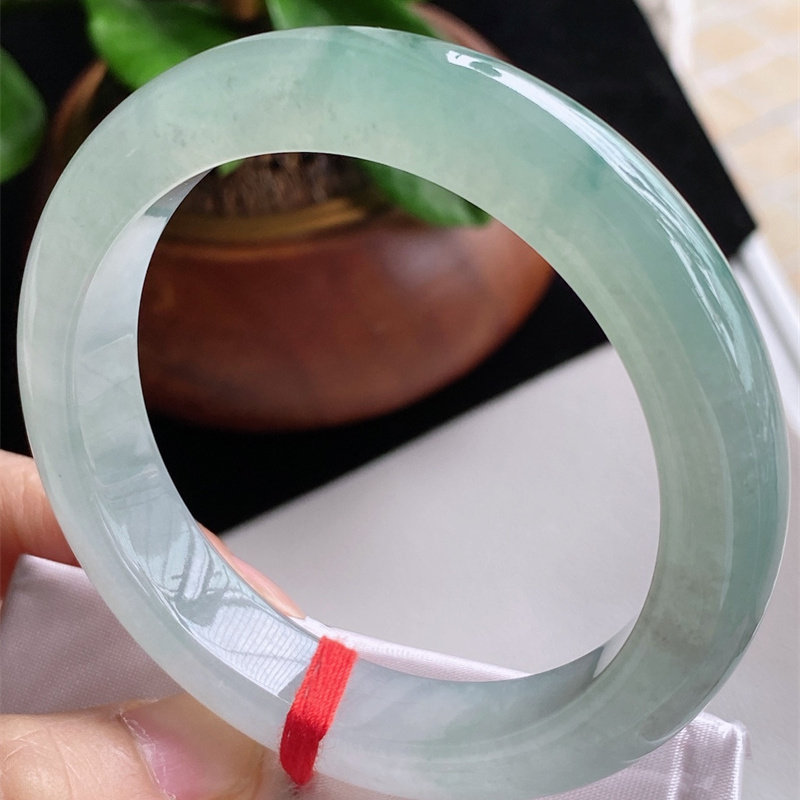 天然缅甸A货圈口54-55翡翠a货收藏级冰种飘花宽边手镯正品原矿即